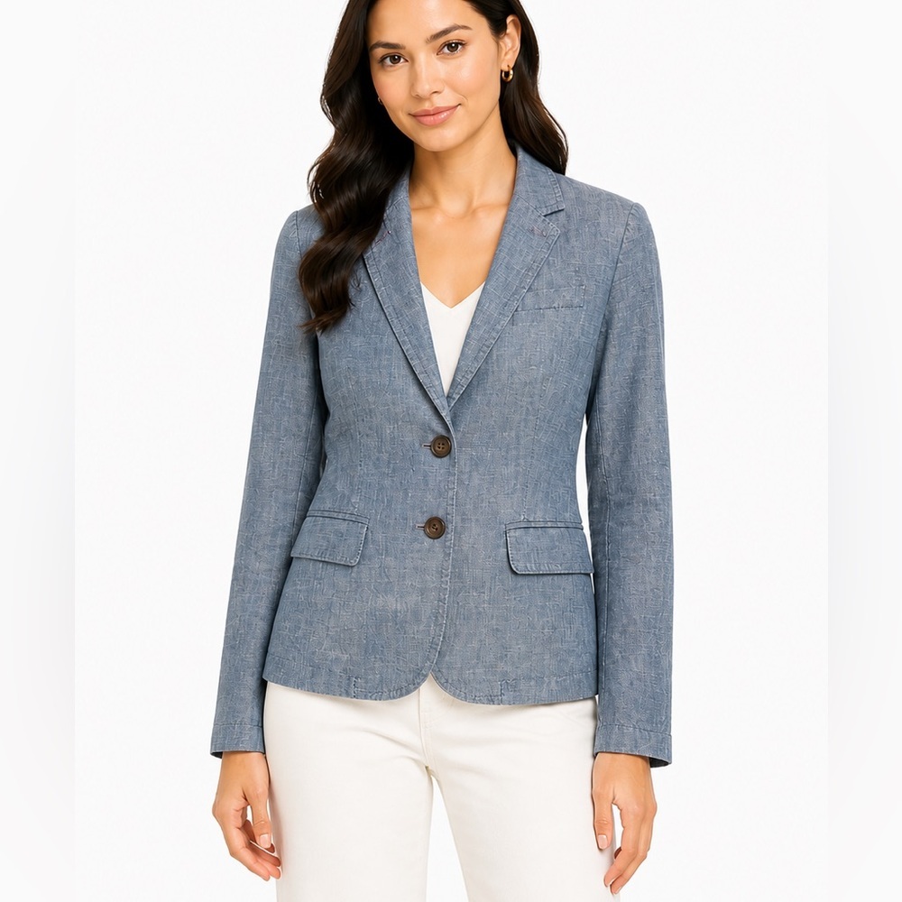 J.Crew Chambray Cotton Blazer Size 4 Blue Tailored